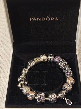 All Authentic Purple and pink Pandora Bracelet, 7 1/2 inches.